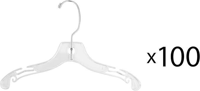 12 inch Wide Reinforced Clear Plastic Child Shirt Hangers with Swivel Hook and Notched Shoulders (Quantity 100) (Clear, 100)