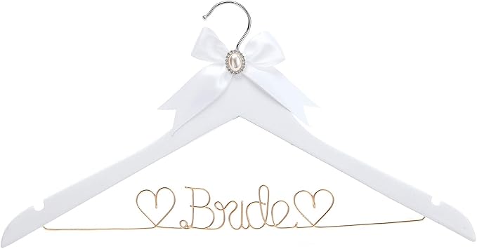 White Solid Wood Bridal Dress Hanger with Bridal Wire Lettering for Bridal Wedding Party Gift (White Hanger with Rose Gold Thread)