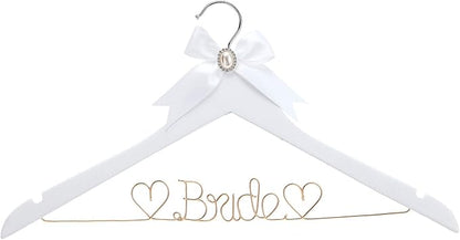 White Solid Wood Bridal Dress Hanger with Bridal Wire Lettering for Bridal Wedding Party Gift (White Hanger with Rose Gold Thread)
