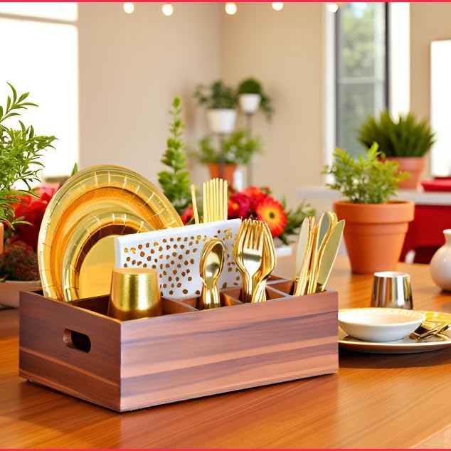 Eleckey Acacia Wood Utensil Holder Organizer for Party，Paper Plate Dispenser for Kitchen Counter