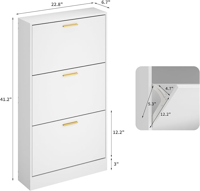 JOZZBY Shoe Storage Cabinet with 3 Flip Drawers, Freestanding Narrow Slim Shoe Organizer Cabinet Rack for Entryway Hallway, Living Room，White