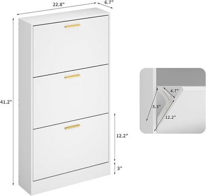 JOZZBY Shoe Storage Cabinet with 3 Flip Drawers, Freestanding Narrow Slim Shoe Organizer Cabinet Rack for Entryway Hallway, Living Room，White