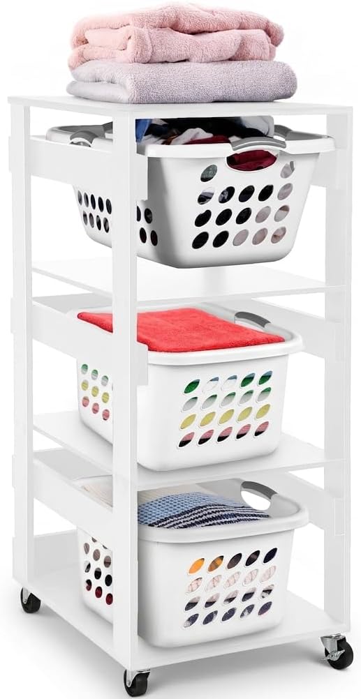 Laundry Basket Holder Shelf – Stackable Engineered Wood Laundry Tower, Tiered Hamper Organizer for Bathroom, Bedroom, Closet (White, 3 Tier)
