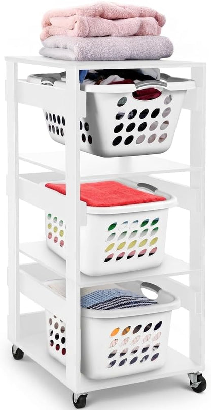 Laundry Basket Holder Shelf – Stackable Engineered Wood Laundry Tower, Tiered Hamper Organizer for Bathroom, Bedroom, Closet (White, 3 Tier)