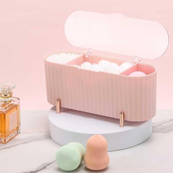 Tecbeauty Qtips Holder, 3 Grids Separate Cotton Swabs Ball Dispenser, Storage Box, Jar for Cotton Pads Bathroom Organizer Canisters - Pink