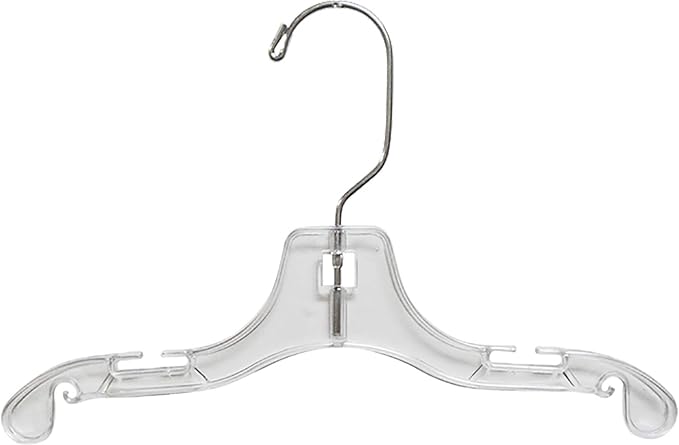 Clear Plastic Baby Top Hanger, (Box of 25) Small 10 inch Space Saving Childrens Shirt Hangers with Notches and 360 Degree Chrome Swivel Hook
