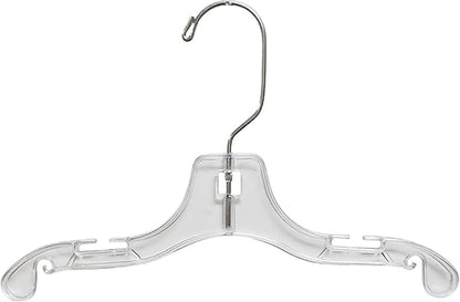 Clear Plastic Baby Top Hanger, (Box of 25) Small 10 inch Space Saving Childrens Shirt Hangers with Notches and 360 Degree Chrome Swivel Hook