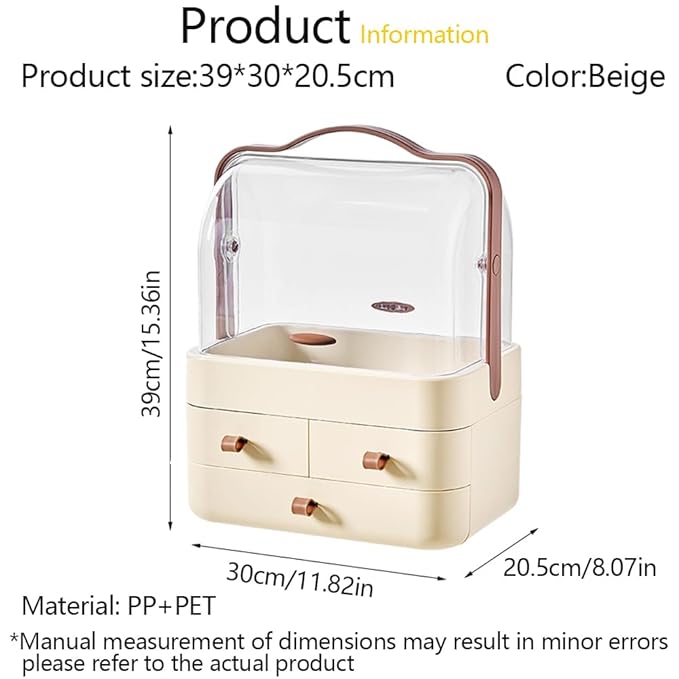 Makeup Organizer, Dustproof Cosmetic Storage Box with Portable Handle & Fully Open Waterproof Lid for Bathroom Countertop Bedroom Dresser(Cream White)