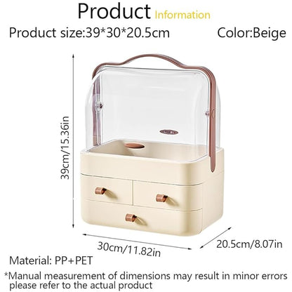 Makeup Organizer, Dustproof Cosmetic Storage Box with Portable Handle & Fully Open Waterproof Lid for Bathroom Countertop Bedroom Dresser(Cream White)