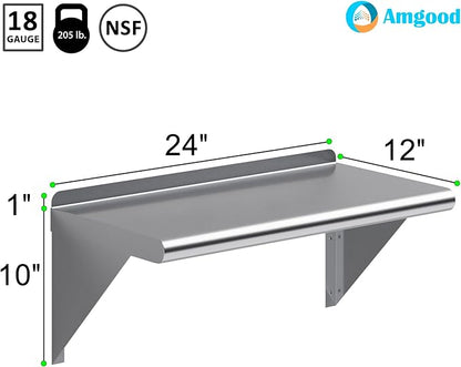 AmGood 12 in. x 24 in. Stainless Steel Wall Shelf | NSF | Metal Shelving | Garage, Laundry, Storage, Utility Room | Restaurant, Commercial Kitchen