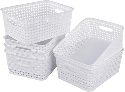 Sandmovie White Plastic Rattan Storage Baskets, 6 Packs