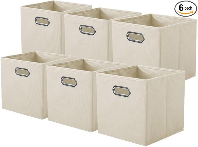 ShellKingdom Storage Bins, Foldable Fabric Storage Cubes And Cloth Storage Organizer Drawer with Metal Handle For Closet And Toys Storage, 11 X 10.5 X 10.5 INCH, 6 Pack (Beige)