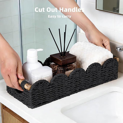 CubesLand Bathroom Basket Organizer w/Cut Out Handle, Back of Toilet Paper Storage Baskets for Bathroom Countertop Decorative, Small Scalloped Wicker Basket Also for Home Decor, Living Room, Black