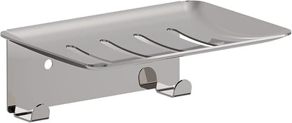 Soap Dish for Shower, 4 Slot Self-Adhesive Soap Holder for Bathroom, Wall Mounted Shower Soap Holder with Hook, Stainless Steel Soap Tray Reflective Silver