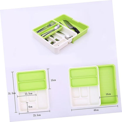 Telescopic Cutlery Storage Tray Kitchen Organizer Multi-divided Design for Versatile Storage Container for White Green