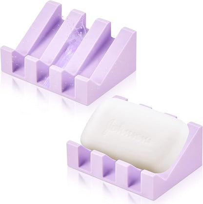 Cunhill 2 Pieces Silicone Soap Dish Self Draining Soap Dish Shower Waterfall Bar Soap Holder Tray with Drain Soap Saver for Kitchen Bathroom Accessories (Light Purple)