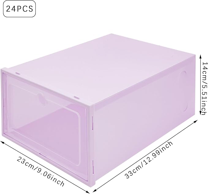 Shoe Storage Boxes Organizers, Clear Plastic Stackable 24 Pack, Shoe Rack & Holder Substitute, Sneaker Containers, Toy Storage Organizer Bins for Entryway, Closet, Under Bed, Purple