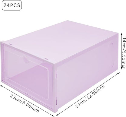 Shoe Storage Boxes Organizers, Clear Plastic Stackable 24 Pack, Shoe Rack & Holder Substitute, Sneaker Containers, Toy Storage Organizer Bins for Entryway, Closet, Under Bed, Purple
