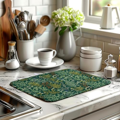 Dark Green Plant Dish Drying Mat for Kitchen Counter Vintage Botanical Floral Leaf Dishes Drying Mat Absorbent Microfiber Dish Draining Pad Washable Dish Drainer Rack Mats 16x18 Inch - Image 6