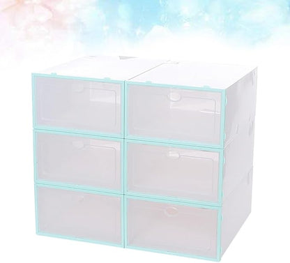 6pcs Stackable Shoes Storage Boxes with Thickened Plastic Shoe Container for Men Blue Frame White Lid Closet Organizer and Boot Storage
