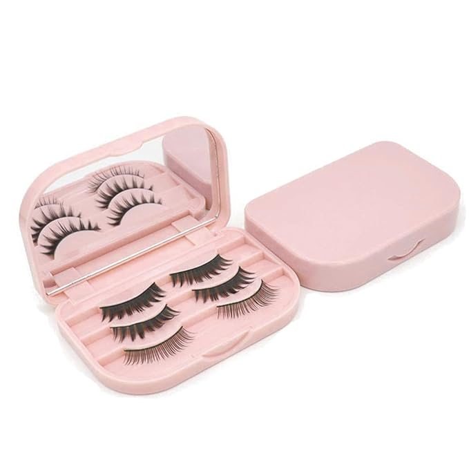 3 Tier Eyelash Storage Case Lash Dime Organizer Holder Box with Mirror Makeup Cosmetic Travel Case Empty False Lash Container (Pink)