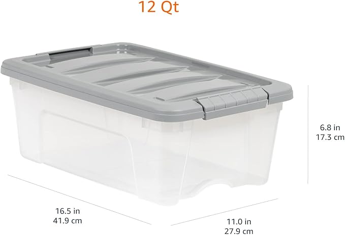 Amazon Basics Plastic Storage Containers with Secure Latching Lids, Stackable Organization Bins for Organizing, Clear/Grey, 12 Quart, Set of 6