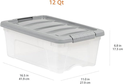 Amazon Basics Plastic Storage Containers with Secure Latching Lids, Stackable Organization Bins for Organizing, Clear/Grey, 12 Quart, Set of 6