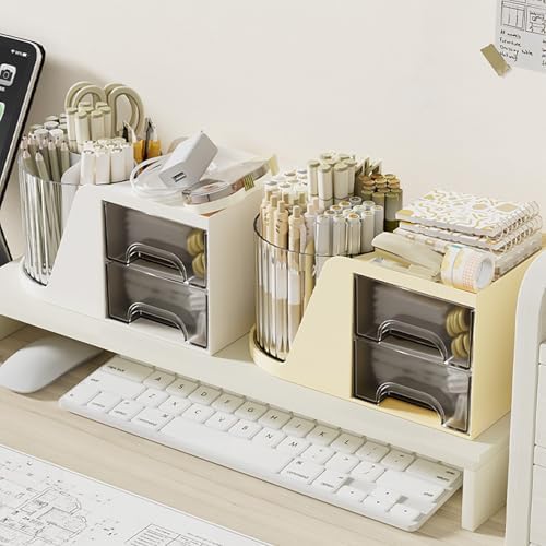 Desk Organizer with Rotating Pencil Pen Holder and 2 Small Drawers, Desk Caddy for Office Workspace Organization and Storage (White) - Image 7