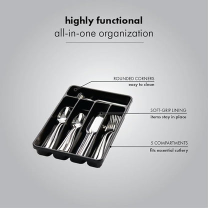 madesmart Mini Silverware Tray, 5 Compartment Flatware Organizer for Forks, Knives & Spoons, Durable Drawer Organizer, Carbon