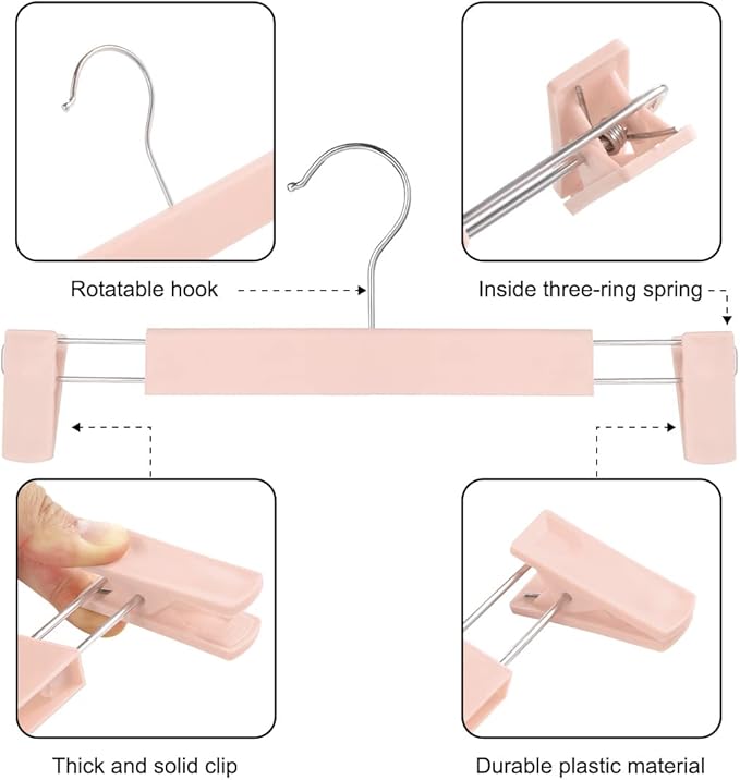 GUANJUNE Clothes Pants Hangers, Space-Saving Skirt Holders with 360 ° Swivel Hooks, Adjustable Clips, Trouser Hangers, Clothes Coat Garment Jeans Hangers (30 Pack, Pink)