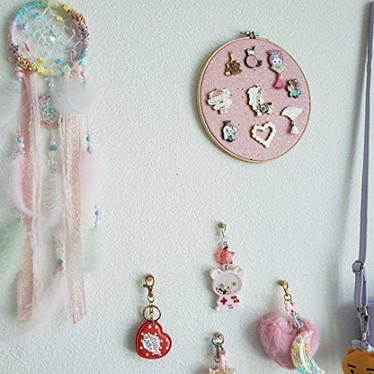 Round Badge Brooch Display Wall Hanging Pin Display Glitter Board Jewelry Storage Pin Collection Banner with Bamboo Hoop for Enamel Pins Buttons and Labels (Pink-Faux Leather)