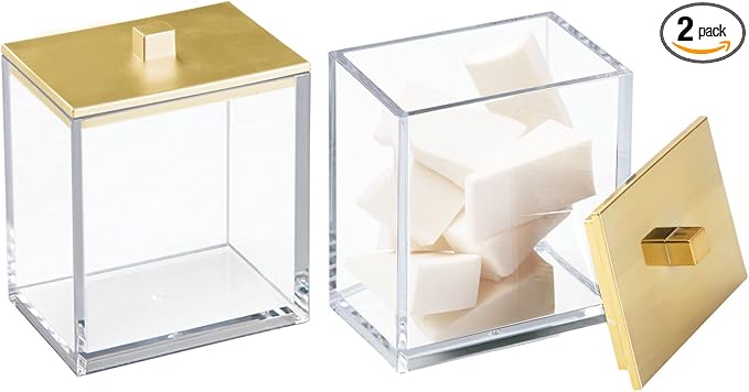 mDesign Plastic Rectangle Apothecary Canister - Organizer for Bathroom Vanity Countertop Shelf Decor - Holds Cotton Swabs, Soap, Makeup, Bath Salts - Lumiere Collection - 2 Pack - Clear/Gold