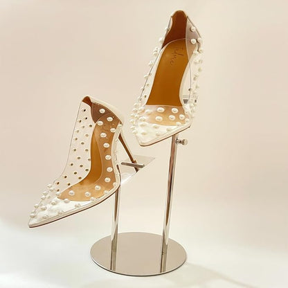 Shoe Display Stand for Retail Store Stainless Steel Height Adjustable Countertop Double-Headed High Heel Shoe Display Risers Stand Rack for Vendors Photos