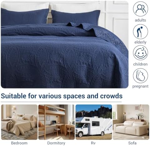 SheRest Queen Quilt Bedding Set - Soft Breathable Bed Quilts, Modern Style Embossed Bedspreads, Lightweight Microfiber Reversible Coverlet for All Seasons, Navy Blue, 3 pieces (1 Quilt,2 Pillow Shams) - Image 6