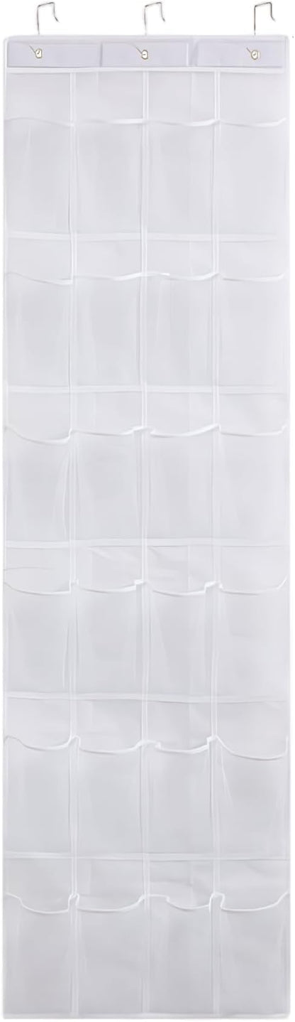 Shoe Hanger for Door, 24 Mesh Pocket Over the Door Organizer, Space Saving Hanging Storage Holder (64x19 Inch, White)