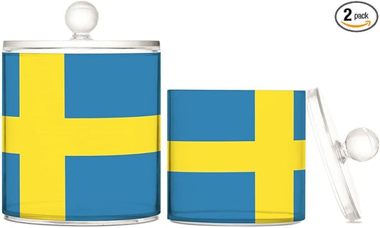 DOMIKING Sweden Flag 2 Pack Bathroom Canisters Cotton Swab Holder Dispenser Plastic Cotton Ball Jar Acrylic Storage Containers for Cotton Ball Cotton Swab Cotton Round Pads