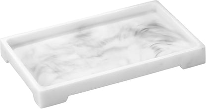 Luxspire Resin Vanity Tray, Bathroom Toilet Tank Storage Tray, 10.03 x 5.9 in Kitchen Sink Trays Decorative Serving Tray, Vanity Countertop Organizer for Makeup Towel Perfume Holder, M, White Marble