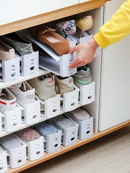 HYGRAD® 12 Pack Shoe Organiser Slots 3 Level Height Adjustable Shoe Organising Holders Space Saving For Shoes Suitable For All Shoes Shoe Rack Organiser (Grey)