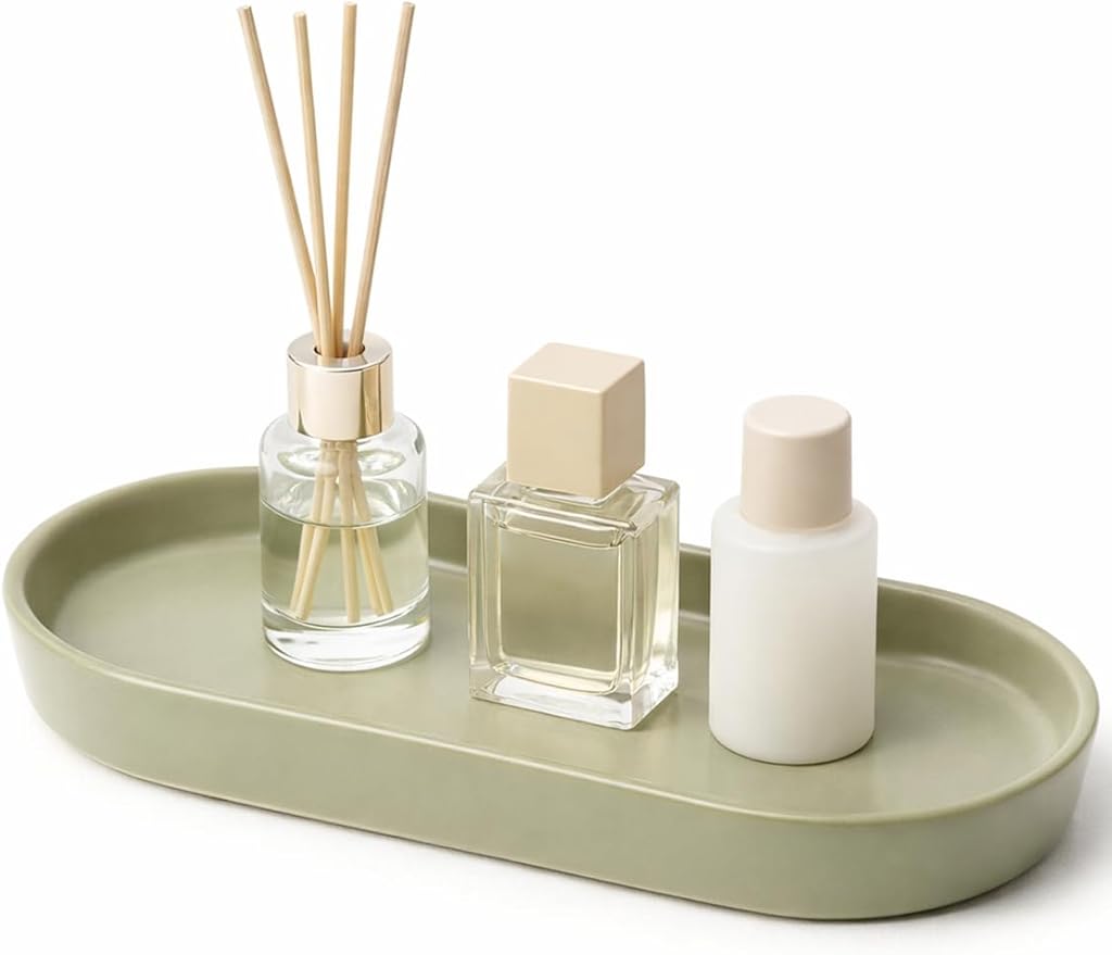 Matte Green Ceramic Bathroom Tray for Countertop, Minimalist Vanity Organizer Dish for Perfume, Jewelry & Soap, Oval Decorative Tray for Bathroom Sink, Dresser, Coffee Bar or Kitchen Counter