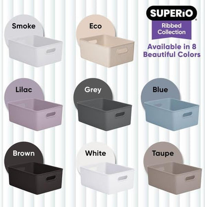 Decorative Plastic Basket Open Home Storage Bins Organizer, Large Taupe (4 Pack) Container Boxes for Organizing Closet Storage Bins for Shelves Drawer Shelf - Ribbed Collection 15 Liter/16 Quart