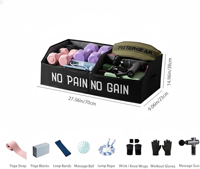 Fabric Home Gym Storage Box, Foldable Workout Equipment Storage Organizer with Bottom Board & Handles, Gym Shelf for Loop Bands, Yoga Blocks, Yoga Strap, Wrist Wraps-Black