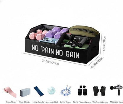 Fabric Home Gym Storage Box, Foldable Workout Equipment Storage Organizer with Bottom Board & Handles, Gym Shelf for Loop Bands, Yoga Blocks, Yoga Strap, Wrist Wraps-Black