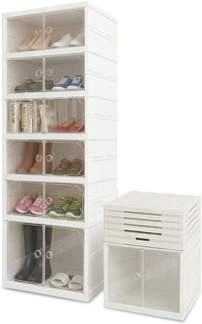 Foldable 6-Tier Shoe Rack Organizer, Large Clear Shoe Storage Cabinet with Magnetic Doors, Heavy Duty Slim Vertical Shoes Rack for Bedroom, Entryway or Garage - White (Holds 12 Pairs)