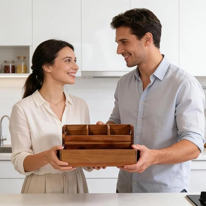 Kitchen Utensil Holder for Countertop with 4 Compartments Acacia Large Utensil Holder Wooden Storage for Cooking,Baking,Flatware Tool Kitchen Utensil Organizer. ﻿.