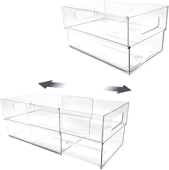 Isaac Jacobs 2-Pack Clear Expandable Storage Bins - Large, 11"-19" L x 7.8" W x 5.8" H, Plastic Organizer with Cut-Out Handles, Adjustable Length from 11-19" for Home, Kitchen & Office