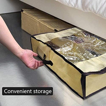 Men/Women Adults 12 Cells See Through Underbed Shoe Storage Bag Organizer, Beige