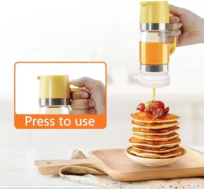 Honey Dispenser No Drip with Base, 12Oz Glass Honey Container with One-Press Mess-Free Pouring, Multi-Purpose Syrup Dispenser for Pancakes, Coffee, Tea, Salad & Simple Syrup