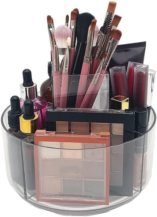 LINFIDITE 360 Rotating Makeup Organizer Clear Cosmetic Storage Holder Tray with 6 Compartment Makeup Brush Lip Gloss Organizer Case for Bathroom Cabinet Vanity Desktop