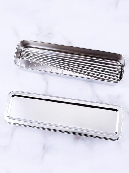 Flatware Tray with Lid,Stainless Steel Cutlery Tray Holder,Chopsticks Storage Boxes Kitchen Draining Chopstick Spoon Fork Storage Box with Lid Drainer(silver)