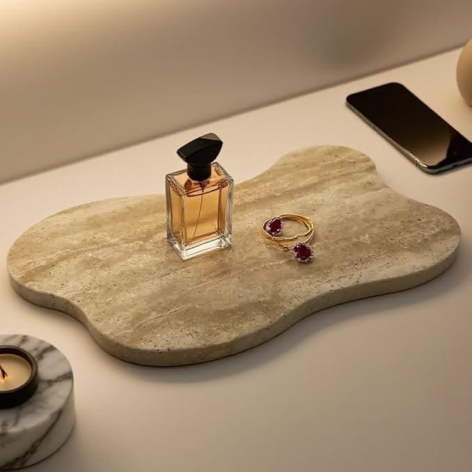 Cloud Shaped Travertine Vanity Tray, 13.3 x 8.3 Inch Natural Stone Decorative Catchall Tray for Bathroom Countertop, Beige Marble Jewelry Dish Perfume Tray for Coffee Table Dresser Nightstand